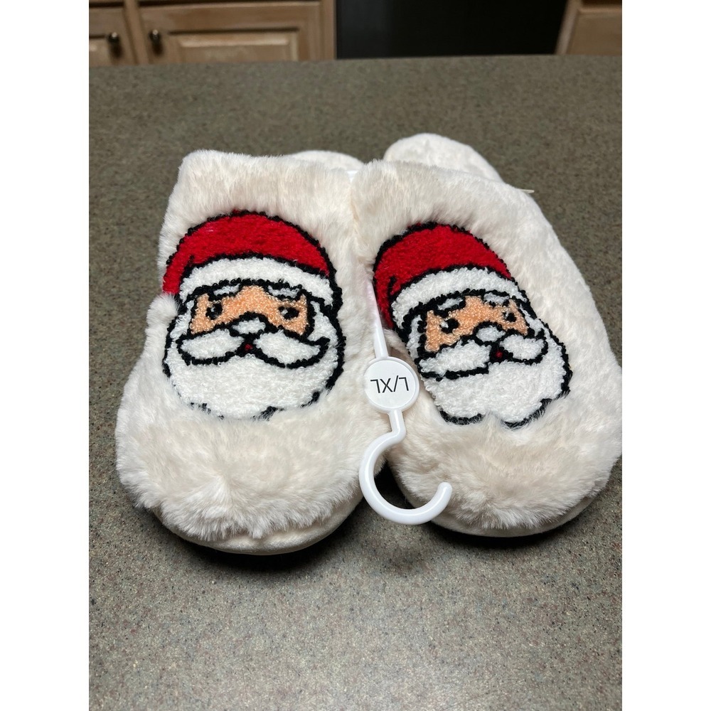 Christmas KatyDid slippers Sz L/XL  cream faux fur with Santa face NWT‎